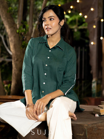 Bottle Green Cotton Shirt with Delicate White Lace and Bead Embellishments
