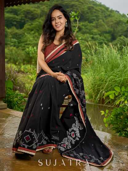 Heritage black cotton saree blending Jamdani-inspired weaves with Ajrakh elegance