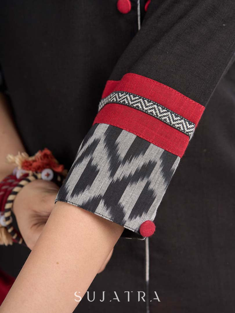 Black Cotton Wrap Pattern Top with Ikat Cuff Panels and Button Highlight - Pant Optional
