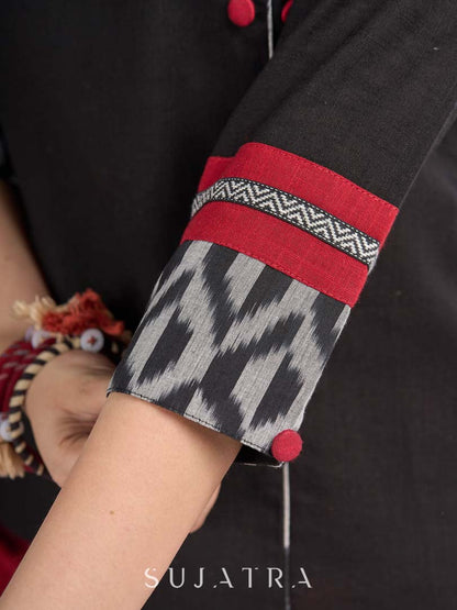 Black Cotton Wrap Pattern Top with Ikat Cuff Panels and Button Highlight