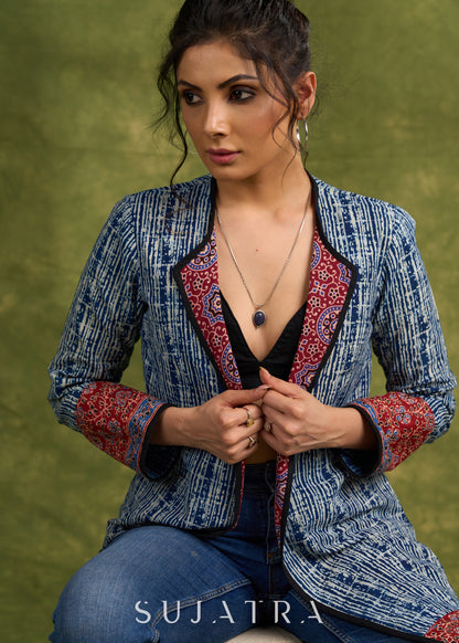 Dramatic Elegance: Indigo Blue Long Shrug With Exquisite Ajrakh Lining