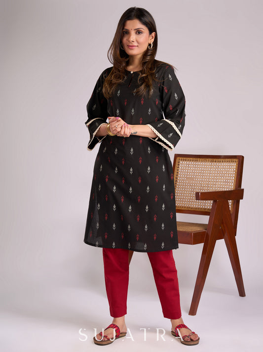 Beautiful Black Printed Cotton Kurta with Delicate Crochet Lace Detailing