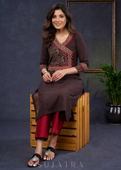 Beautiful-Black-Cotton-Ajrakh-Combination-Kurta-With-Highlighted-Ajrakh-Yoke--Pant-Optional