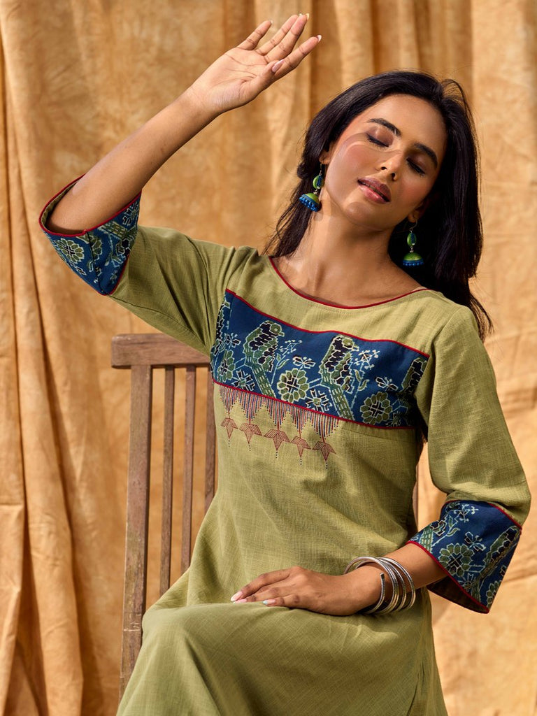 Sage Green Cotton A Line Dress with Contrast Ajrakh Yoke and Cuff Detailing featuring Hand Painting