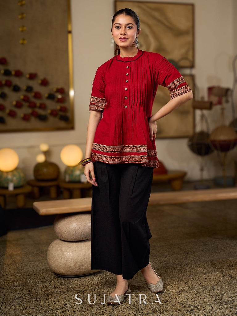 Chic Maroon Cotton Top Crafted With Front And Sleeve Pleats, Accented with Ajrakh Border