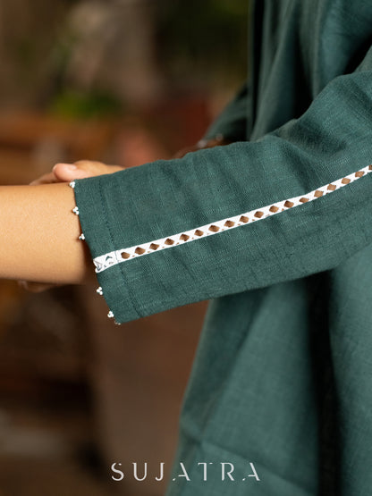 Bottle Green Cotton Shirt with Delicate White Lace and Bead Embellishments