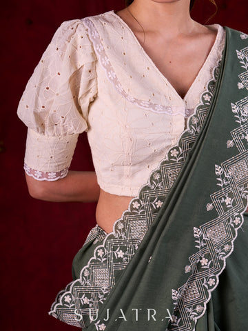 Ivory Hakoba Cotton Blouse Featuring Classic Collar Detail