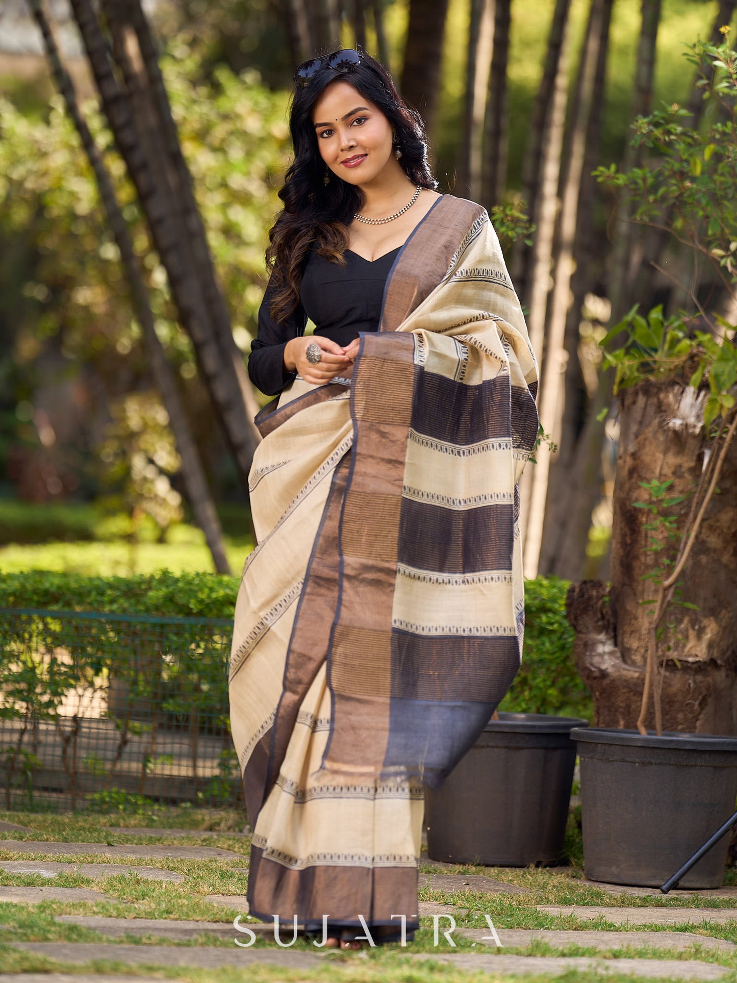 Timeless Ivory Tussar Saree with Subtle Stripes & Handcrafted Detailing