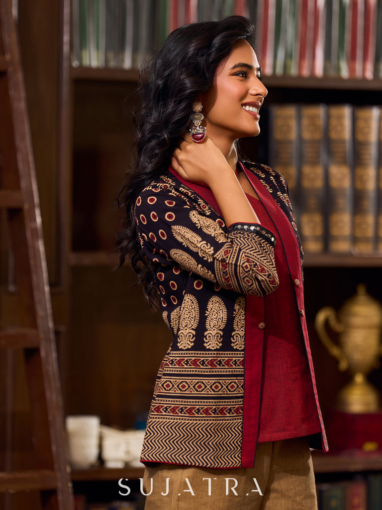Ajrakh Black Cotton Jacket With Contrasting Maroon Silk Collar