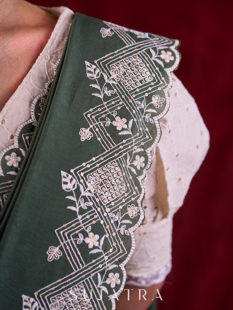 Sage Elegance Chanderi Saree Featuring All-Over Embroidery & Exquisite Heavy Border - Fabric & Blouse Optional
