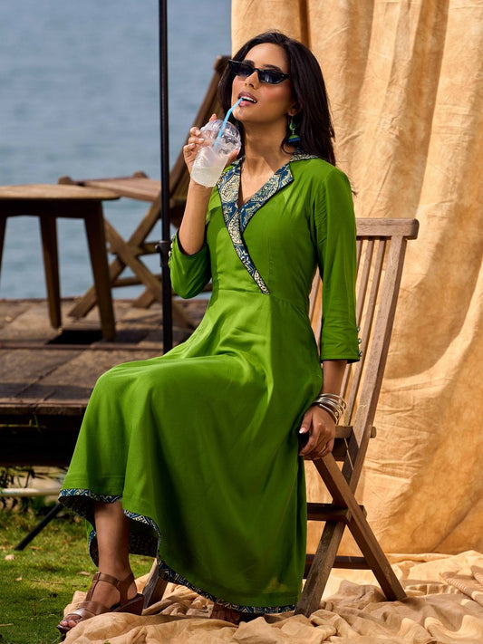 Green Flared Rayon Dress with Handcrafted Ajrakh Collar and Trims