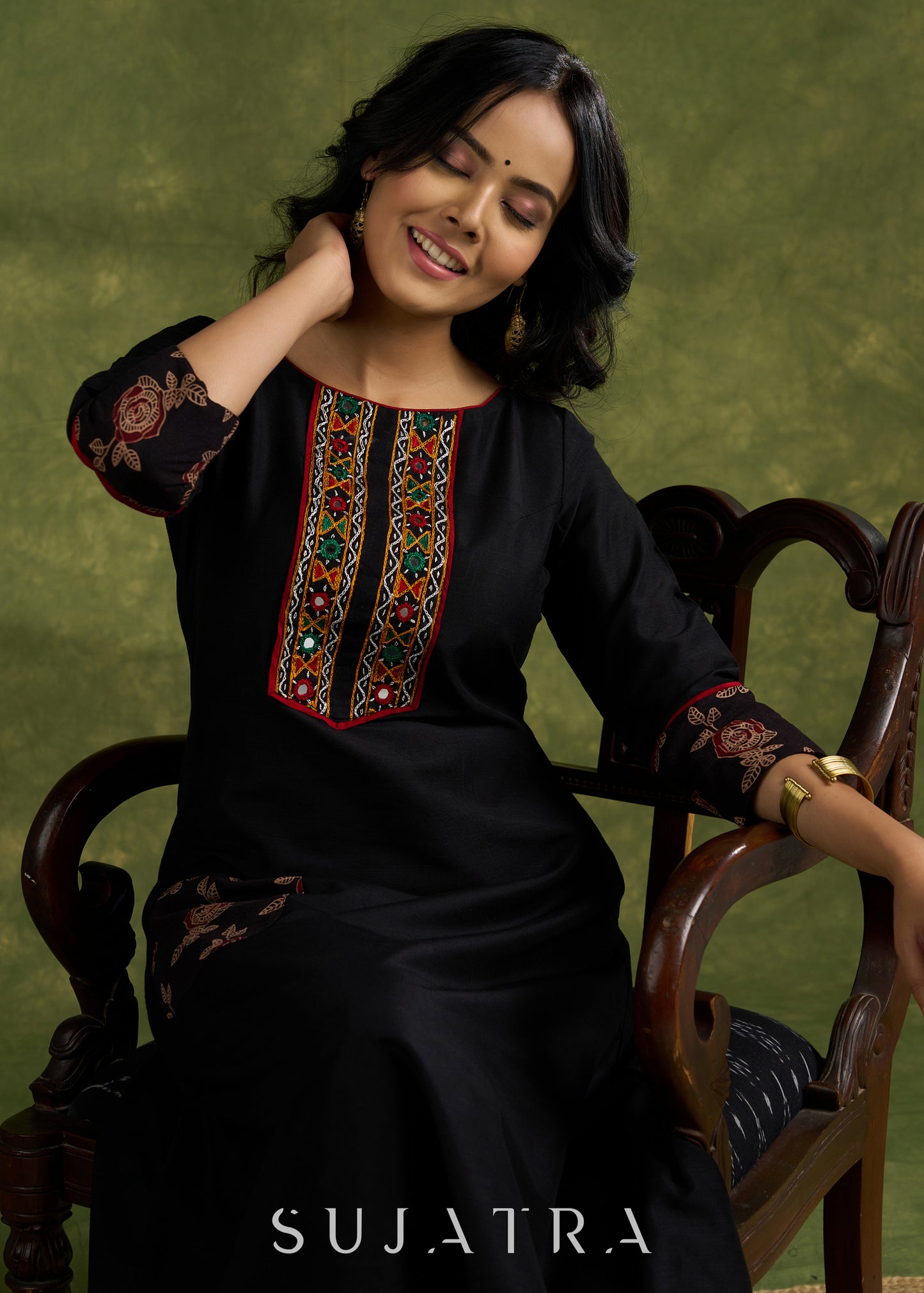 Classic Black Cotton Silk Kutch Mirror Work Kurta - Pant Optional