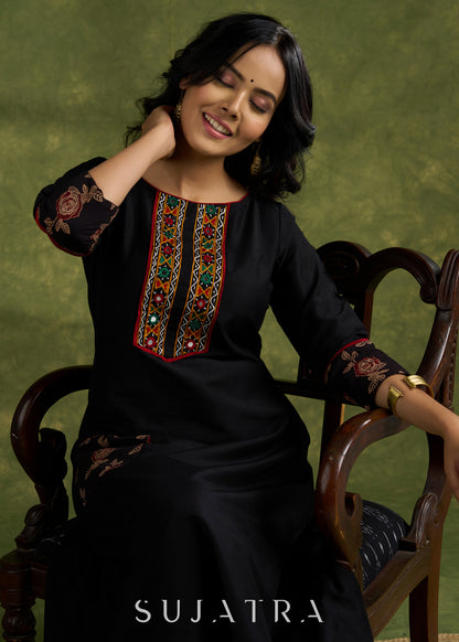 Classic Black Cotton Silk Kutch Mirror Work Kurta - Pant Optional