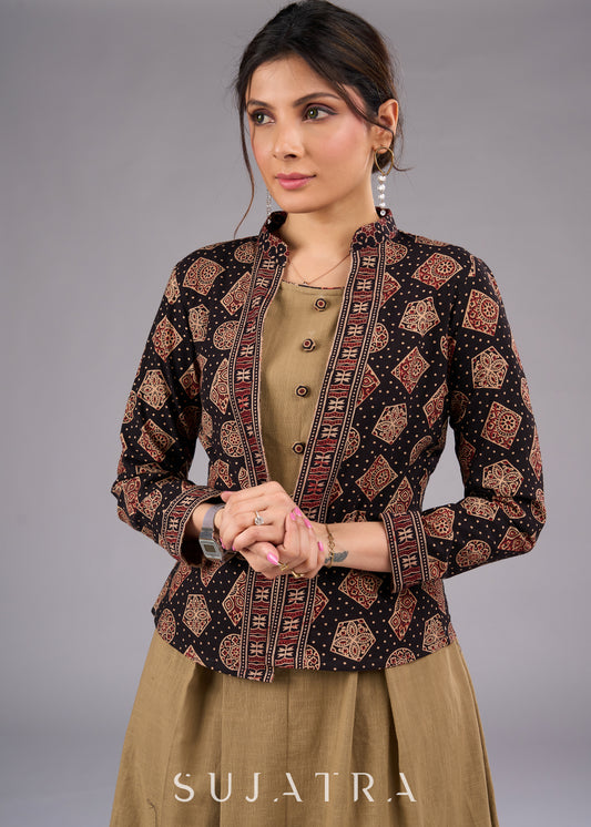 Ethereal Block Printed Black Ajrakh Cotton Jacket - Dress optional