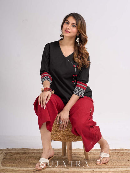 Black Cotton Wrap Pattern Top with Ikat Cuff Panels and Button Highlight