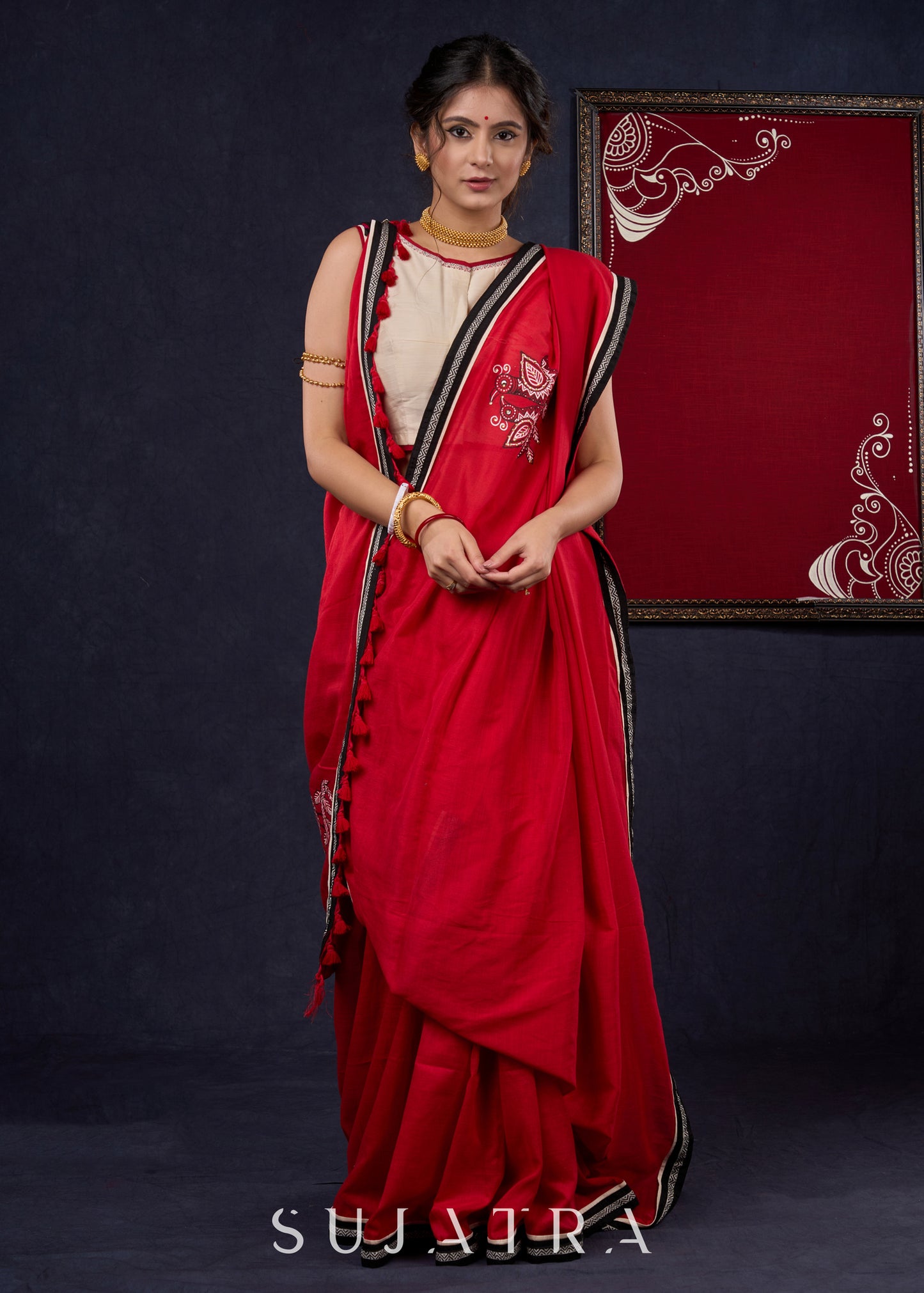 Red Bengal Cotton Saree with Intricate Hand-painted saree with stone embellishments