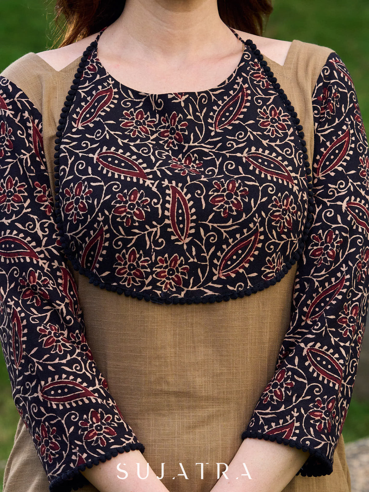 Dussehra Sale — Modern Khaki Kurta with Handcrafted Floral Black Yoke and Tie-Up Closure - Pant Optional