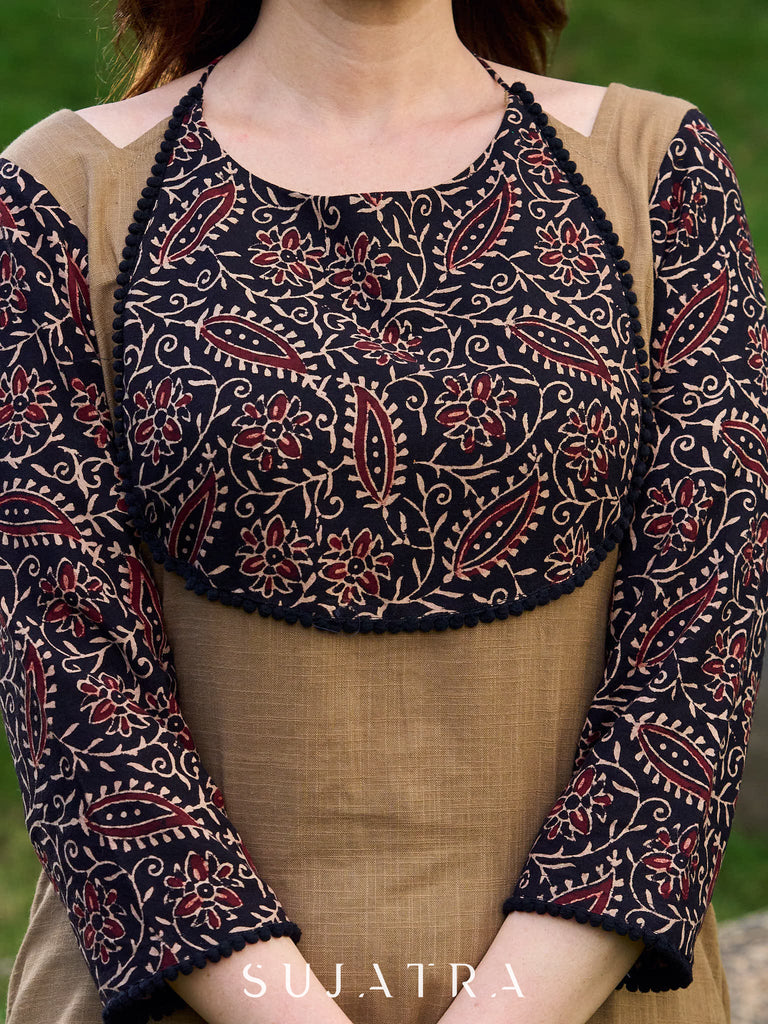 Modern Khaki Kurta with Handcrafted Floral Black Yoke and Tie-Up Closure