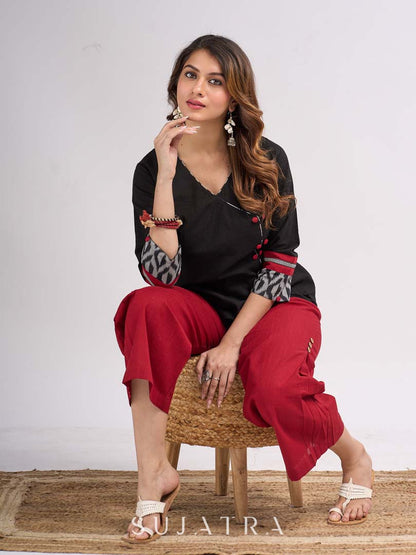 Black Cotton Wrap Pattern Top with Ikat Cuff Panels and Button Highlight
