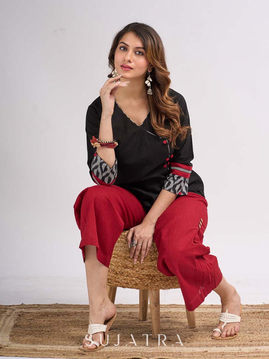 Black Cotton Wrap Pattern Top with Ikat Cuff Panels and Button Highlight