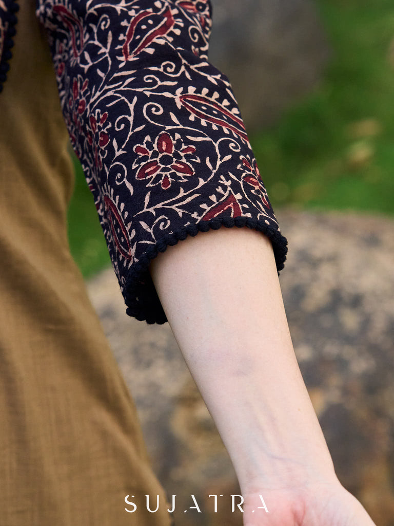 Modern Khaki Kurta with Handcrafted Floral Black Yoke and Tie-Up Closure