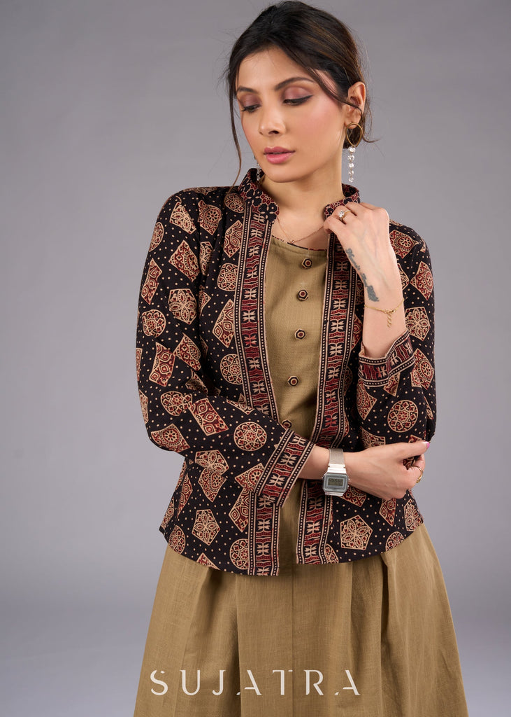 Ajrakh Adorned Biscuit Brown Cotton Sleeveless Dress