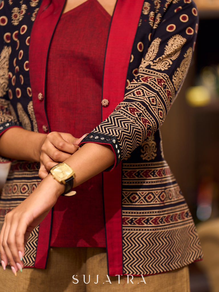 Ajrakh Black Cotton Jacket With Contrasting Maroon Silk Collar