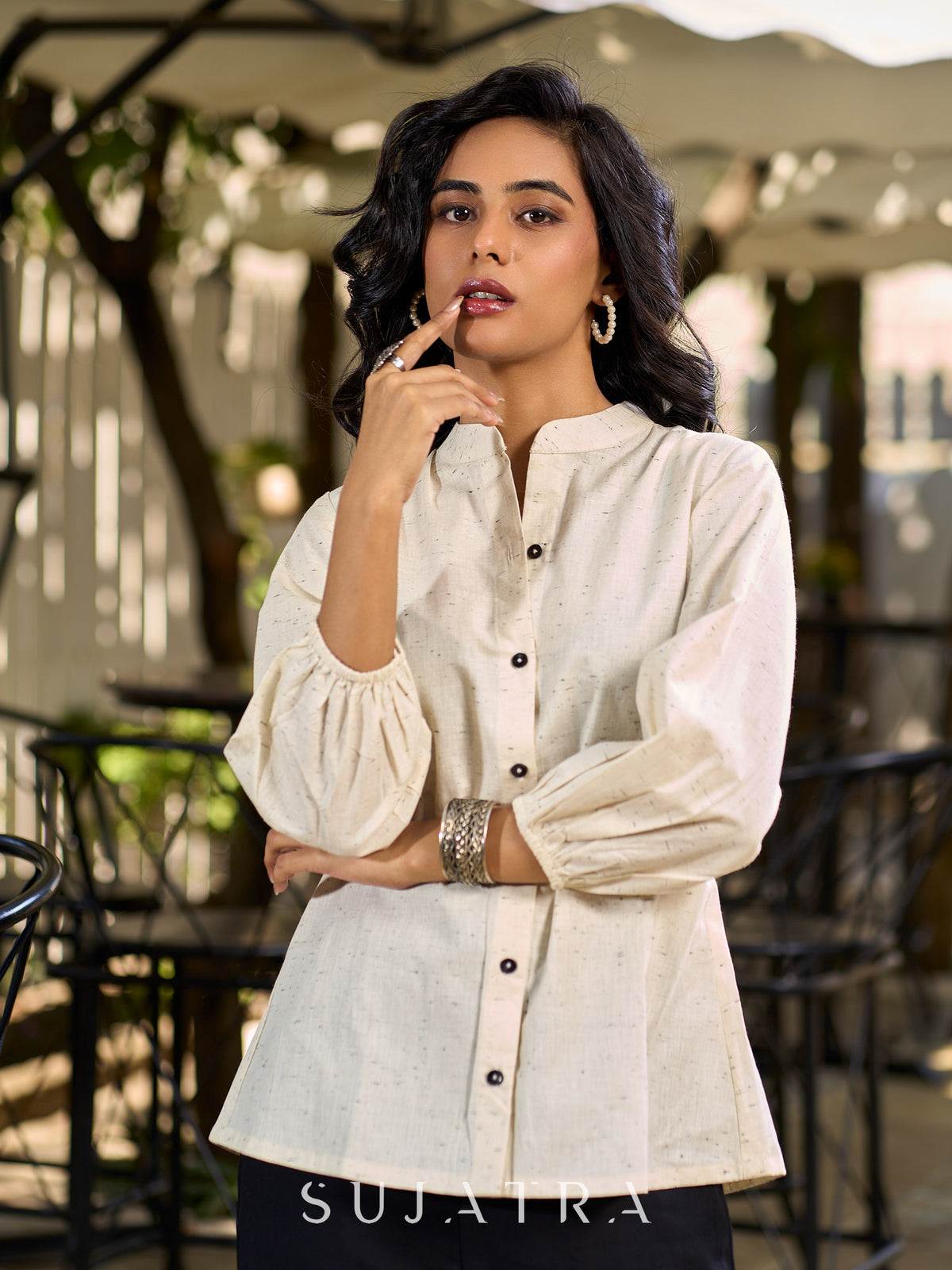 Ivory Cotton Flex Shirt Featuring Soft Gathered Sleeves - Pant Optional