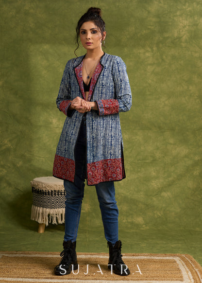 Dramatic Elegance: Indigo Blue Long Shrug With Exquisite Ajrakh Lining