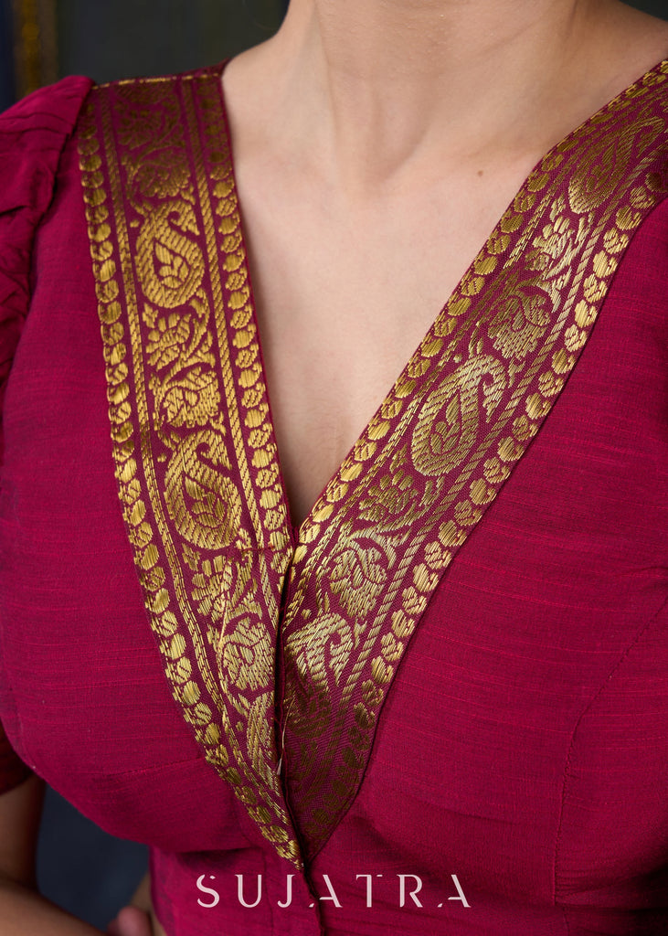 Exclusive Magenta Cotton Silk Blouse with Zari Borders - Plain Saree Optional