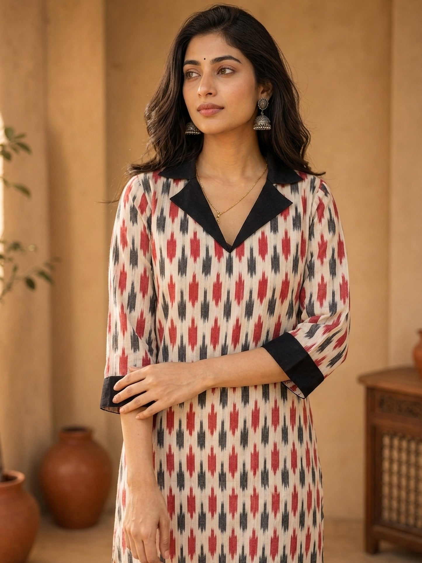 Ivory Ikat Cotton Kurta with Contrast Black Collar & Cuff Detail