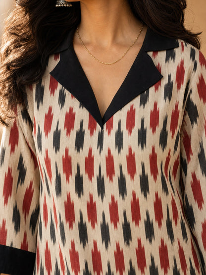 Ivory Ikat Cotton Kurta with Contrast Black Collar & Cuff Detail