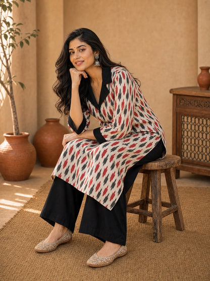 Ivory Ikat Cotton Kurta with Contrast Black Collar & Cuff Detail