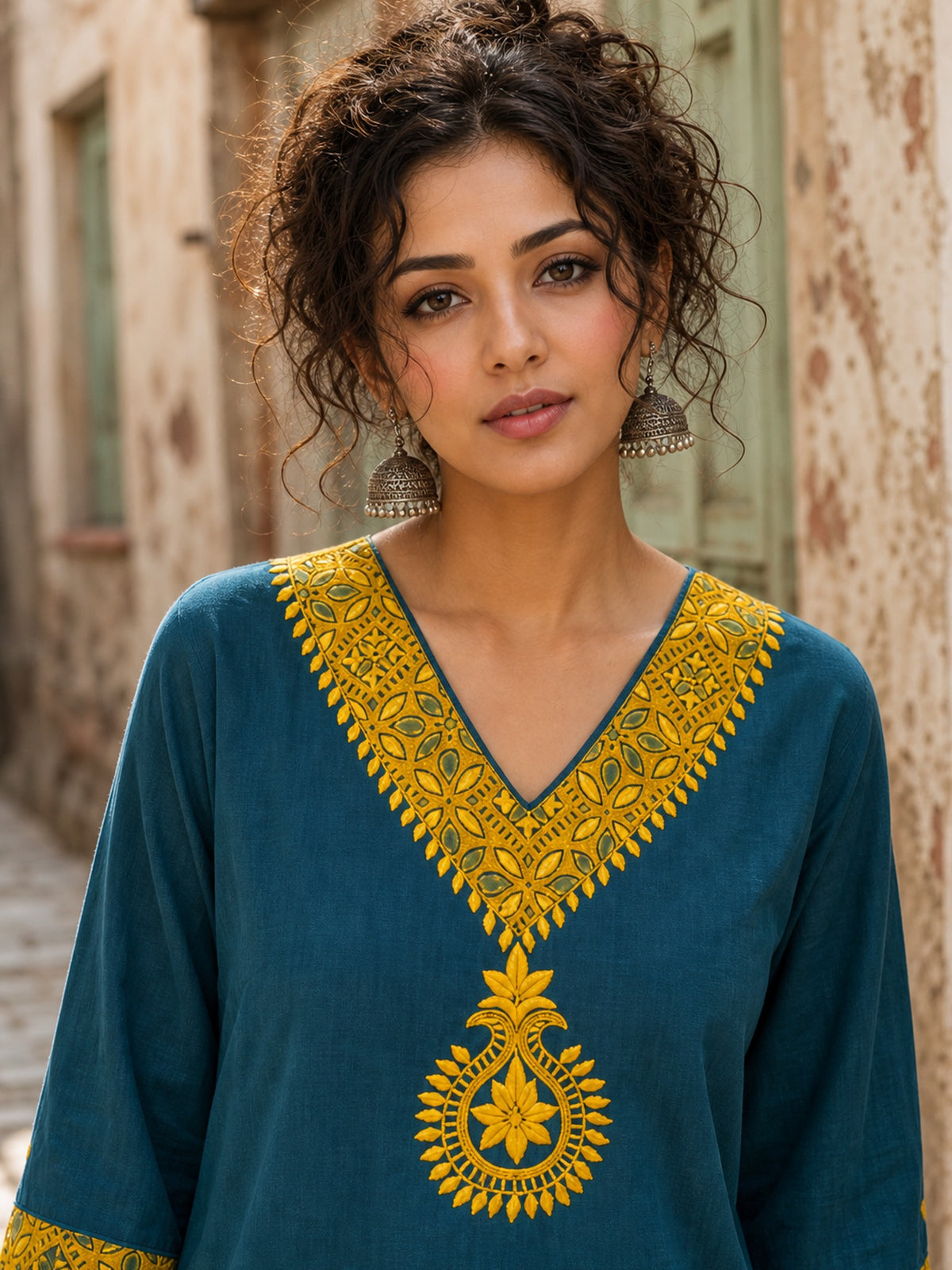 Dussehra Sale — Classic Teal Cotton Kurta with Mustard Paisley Motif & Embroidered Neckline & Ajrakh Printed Cuffs - Pant Optional