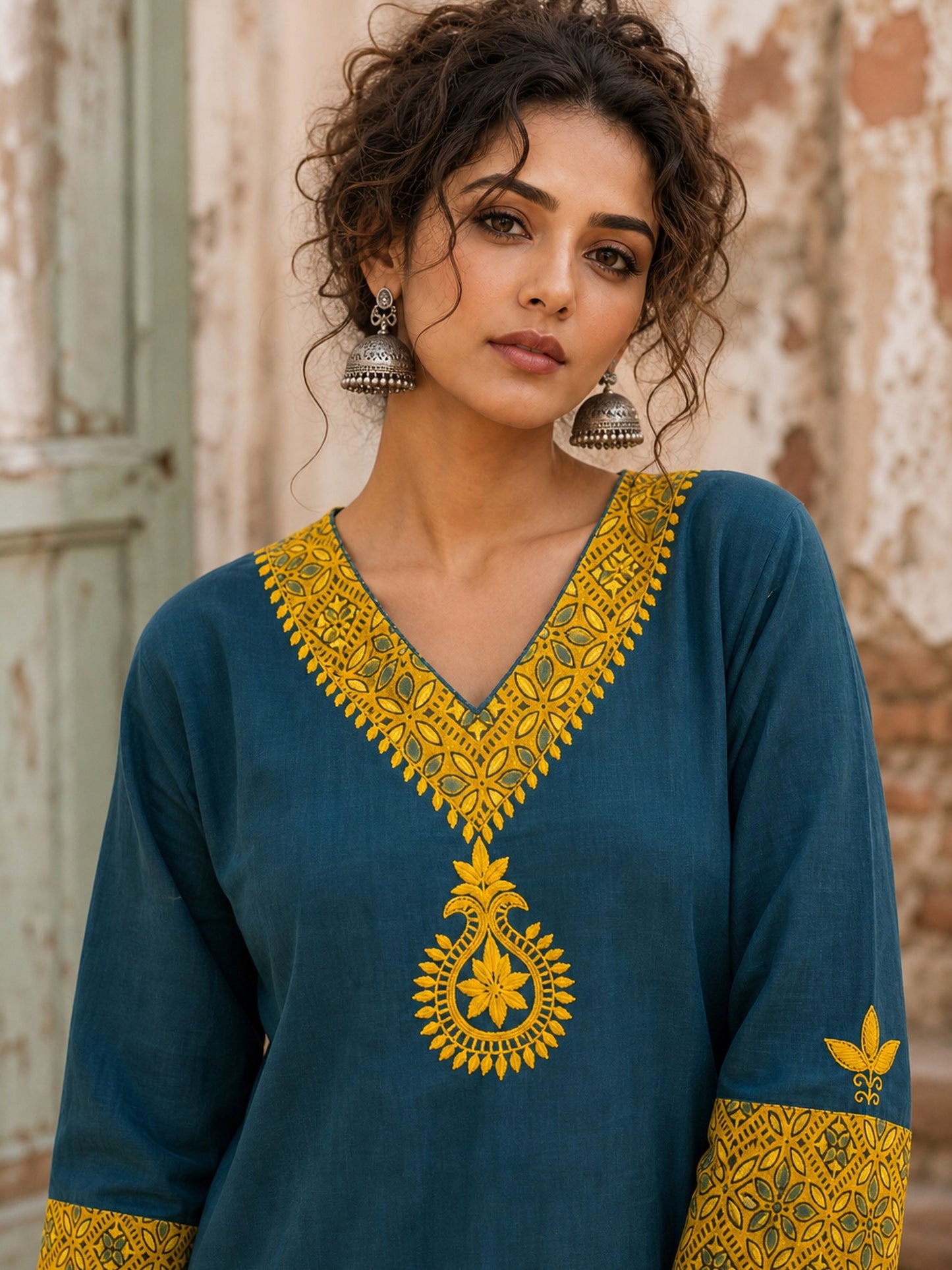 Classic Teal Cotton Kurta with Mustard Paisley Motif & Embroidered Neckline & Ajrakh Printed Cuffs