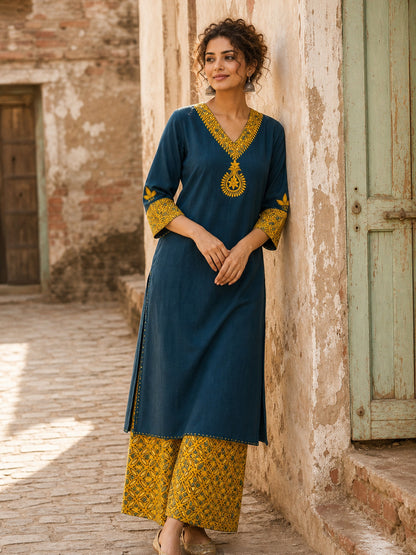 Classic Teal Cotton Kurta with Mustard Paisley Motif & Embroidered Neckline & Ajrakh Printed Cuffs
