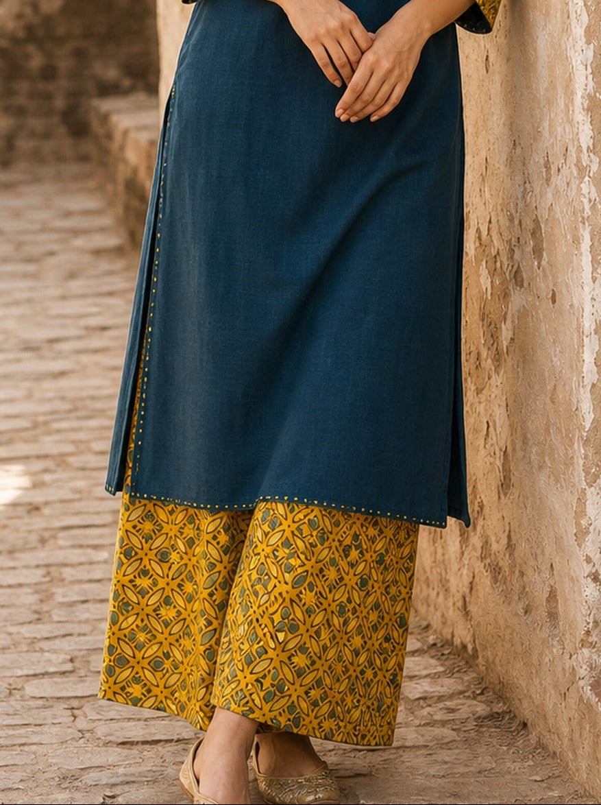 Vibrant Mustard Ajrakh Printed Straight Pant