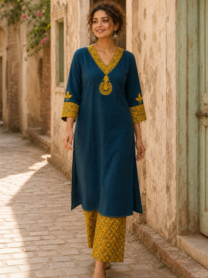 Classic Teal Cotton Kurta with Mustard Paisley Motif & Embroidered Neckline & Ajrakh Printed Cuffs