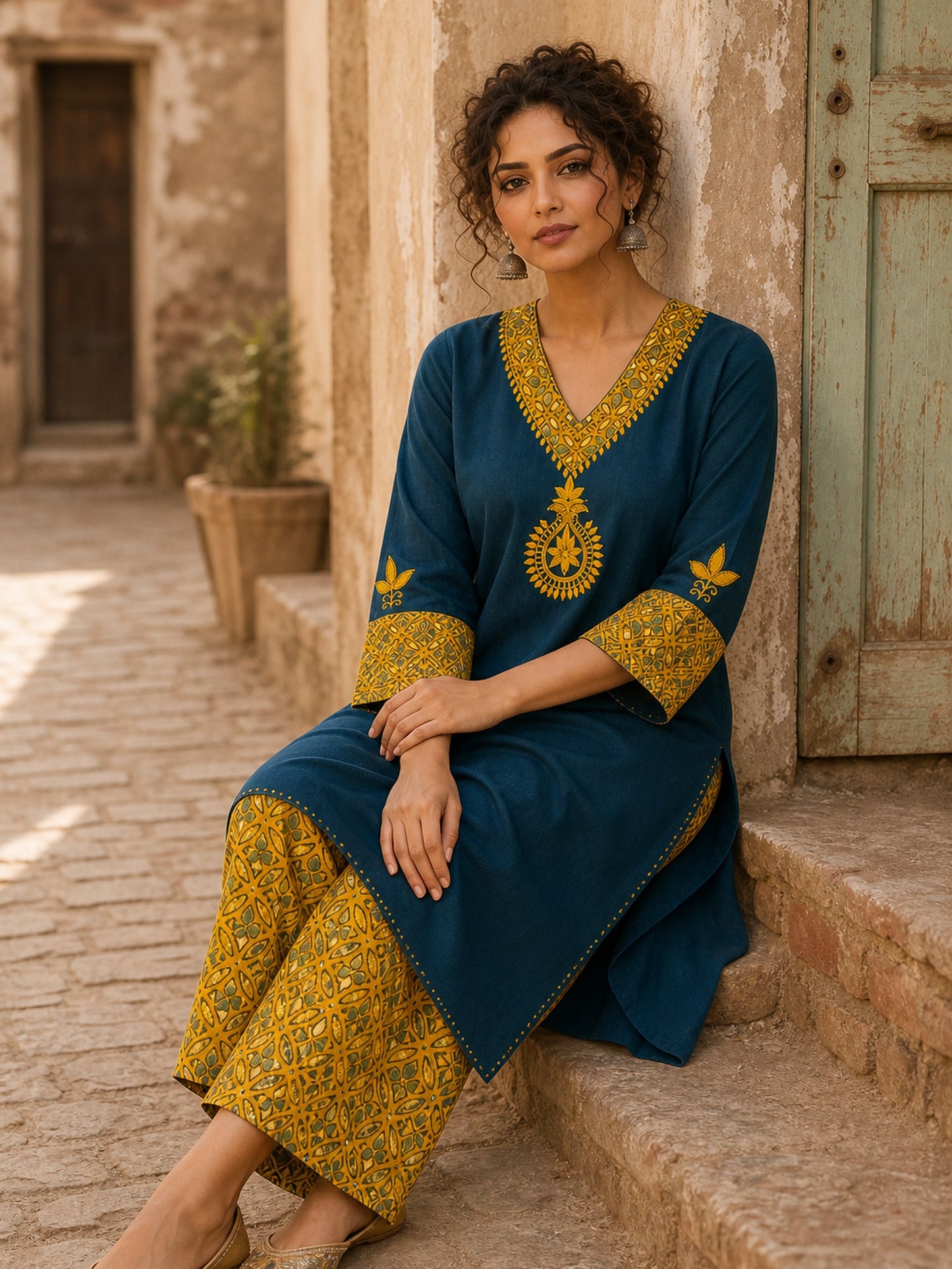 Classic Teal Cotton Kurta with Mustard Paisley Motif & Embroidered Neckline & Ajrakh Printed Cuffs
