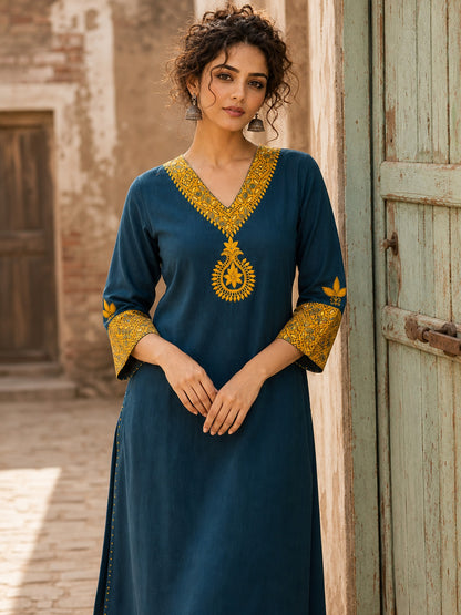 Classic Teal Cotton Kurta with Mustard Paisley Motif & Embroidered Neckline & Ajrakh Printed Cuffs