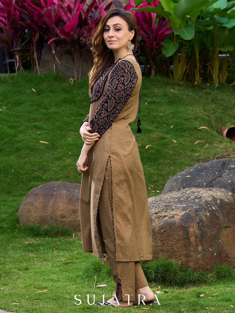 Modern Khaki Kurta with Handcrafted Floral Black Yoke and Tie-Up Closure