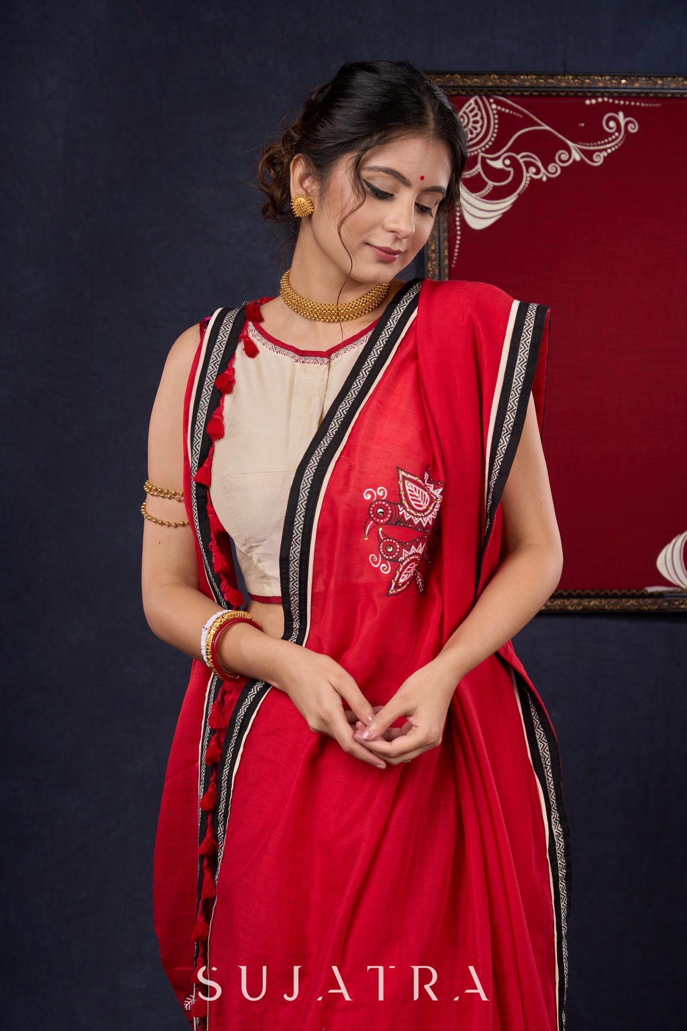 Red Bengal Cotton Saree with Intricate Hand-painted saree with stone embellishments
