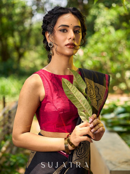 Timeless Black Cotton Saree with Classic Hand Block Print and Contrasting Border Detailing