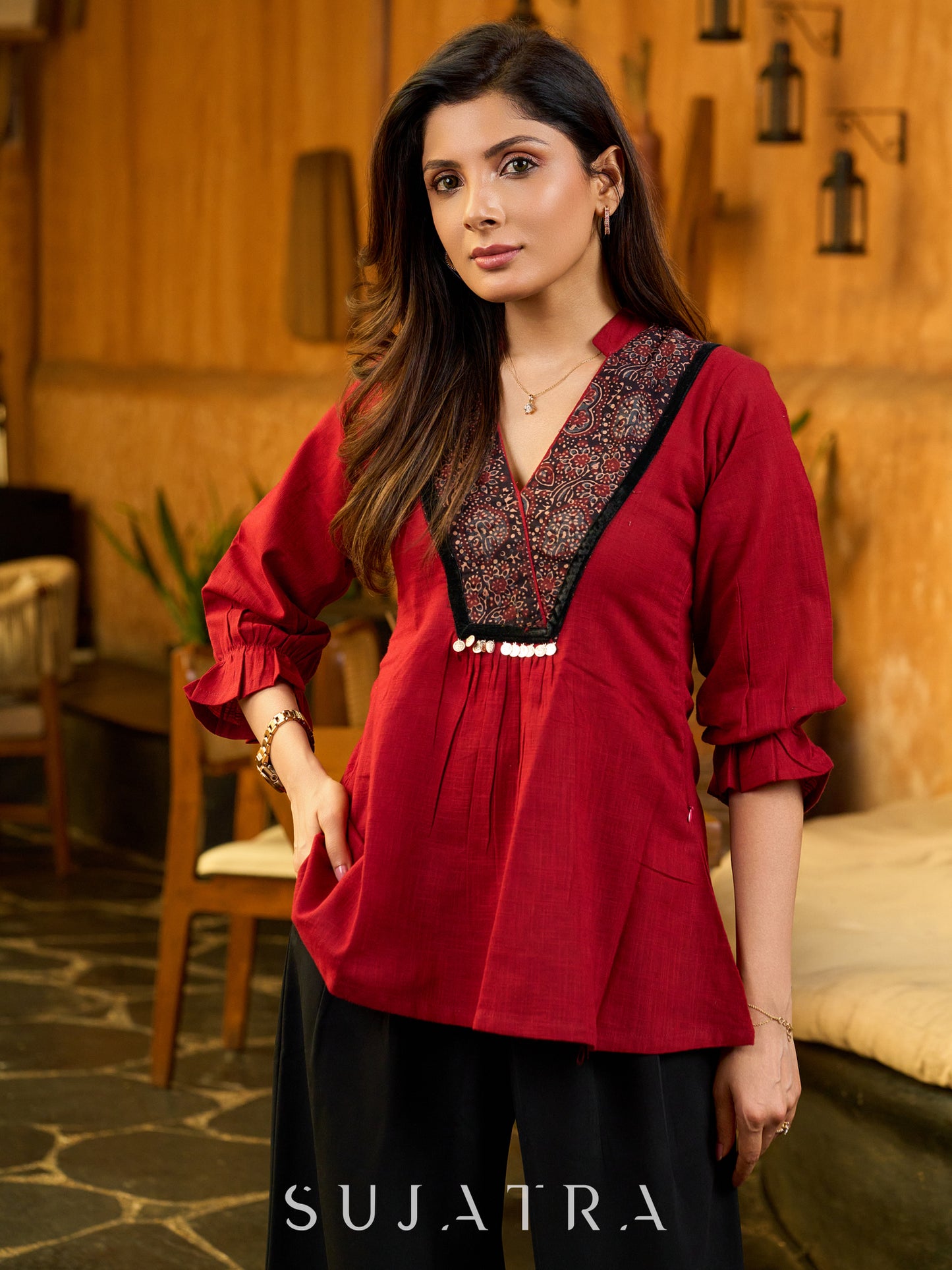 Mystic Maroon Heritage Cotton Top with Ajrakh Yoke, V Collared Neckline and Subtle Silver Embellishments