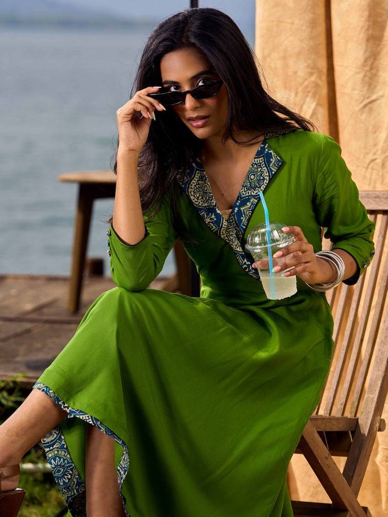 Green Flared Rayon Dress with Handcrafted Ajrakh Collar and Trims