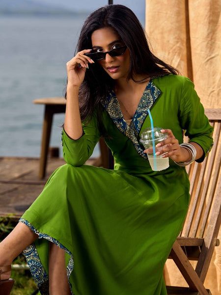 Green Flared Rayon Dress with Handcrafted Ajrakh Collar and Trims