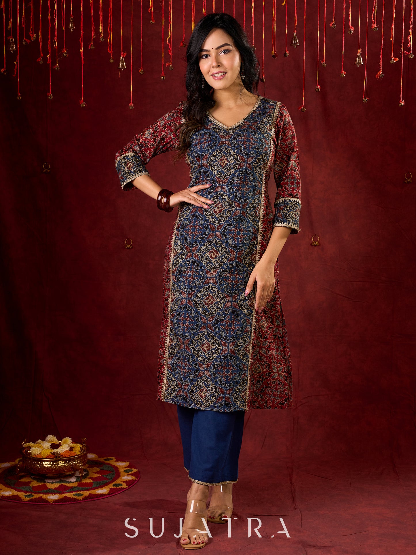 Rustic Harmony Blue–Maroon Combination Ajrakh Cotton Kurta with Delicate Embroidery