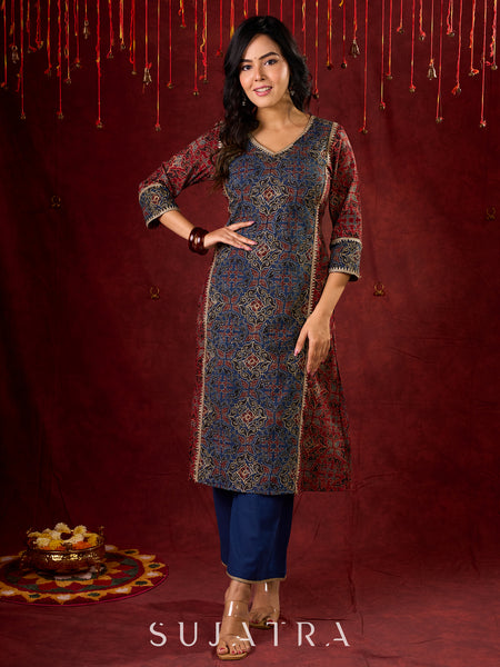Rustic Harmony Blue–Maroon Combination Ajrakh Cotton Kurta with Delicate Embroidery