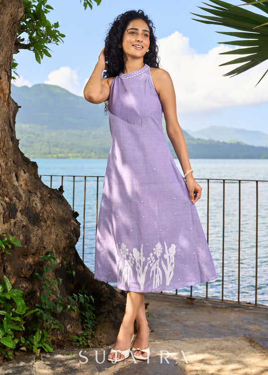 Trendy lavender cotton halter neck dress highlighted with floral embroidery