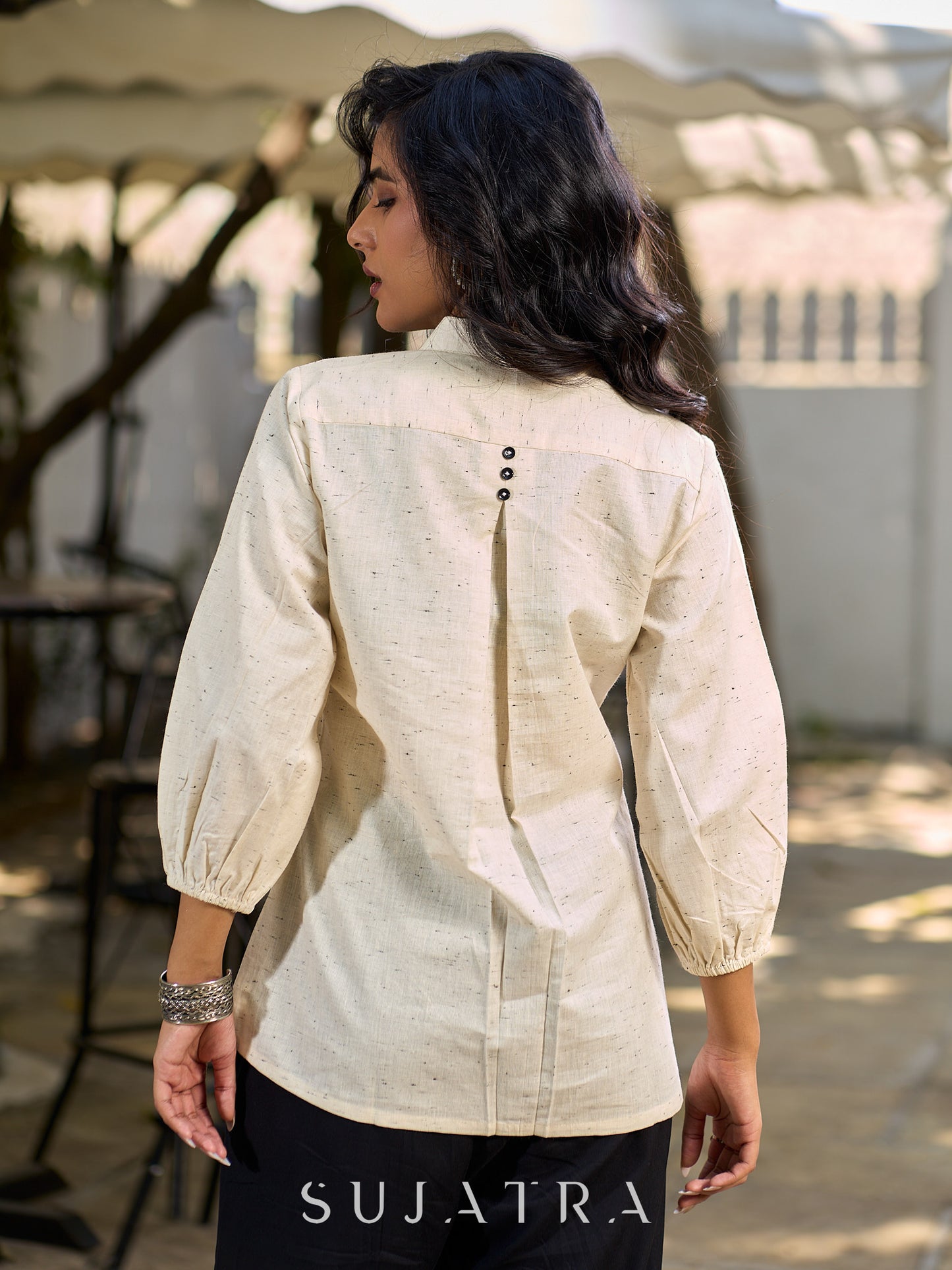 Ivory Cotton Flex Shirt Featuring Soft Gathered Sleeves